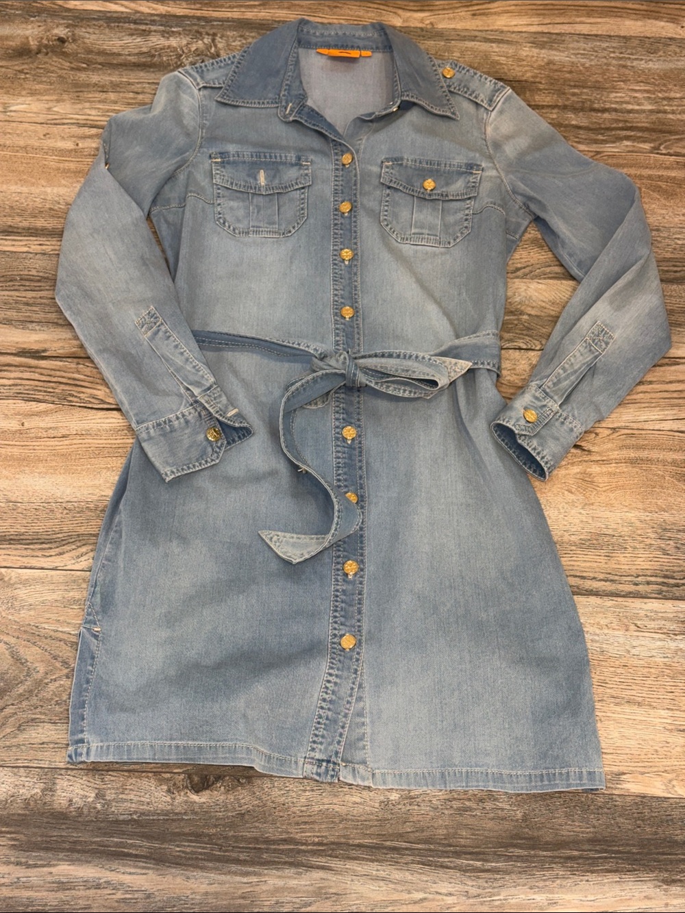 Tory Burch Light Blue Denim Midi Shirt Dress with Waist Tie
